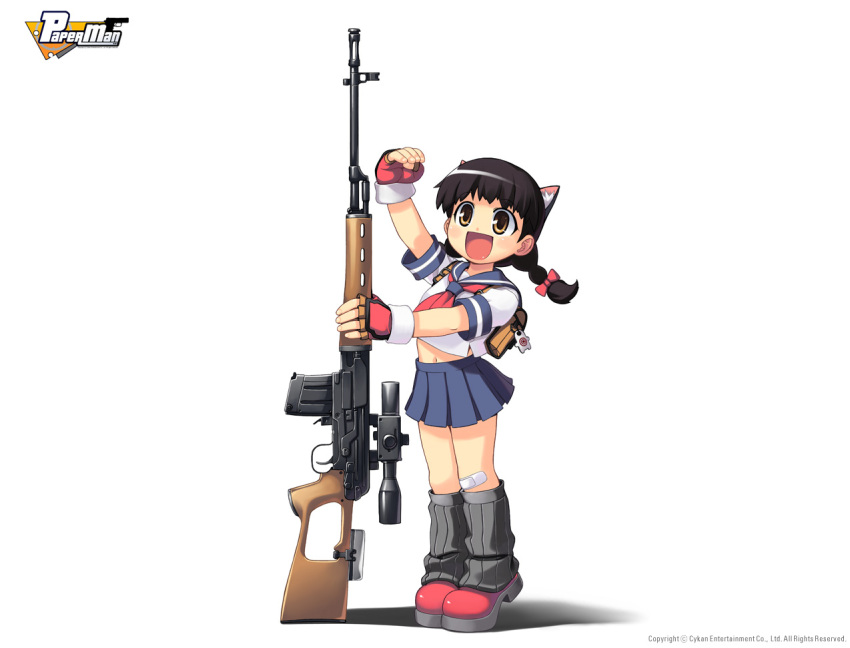 backpack, bag, bandaid, black_hair, braid, cat_ears, catgirl, dragunov_svd, fingerless_gloves, gloves, gun, loli, loose_socks, navel, official_art, paperman, randoseru, rifle, school_uniform, serafuku, short_hair, smile, sniper_rifle, socks, svd, weapon, white, yellow_eyes