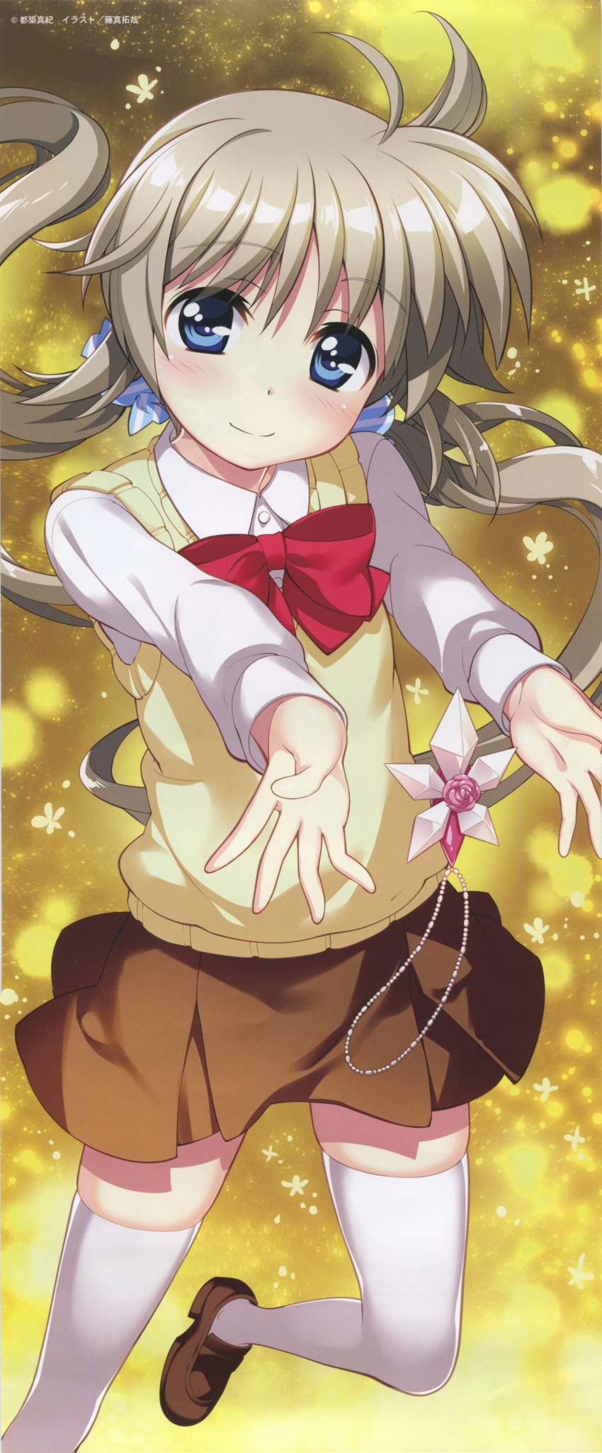 1girl, absurdres, blue_eyes, blush, bow, bowtie, brown_footwear, brown_hair, brown_skirt, corona_timir, eyebrows_visible_through_hair, fujima_takuya, highres, huge_filesize, light_particles, long_hair, looking_at_viewer, lyrical_nanoha, mahou_shoujo_lyrical_nanoha_vivid, official_art, outstretched_arms, red_neckwear, ribbon, scan, school_uniform, shiny, shiny_hair, shiny_skin, shirt, shoes, skirt, smile, solo, st._hilde_academy_of_magic_uniform, sweater, thigh-highs, twintails, uniform, white_legwear, white_shirt, yellow_sweater