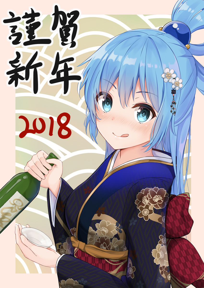 1girl, alcohol, aqua_(konosuba), blue_eyes, blue_hair, blush, floral_print, hair_ornament