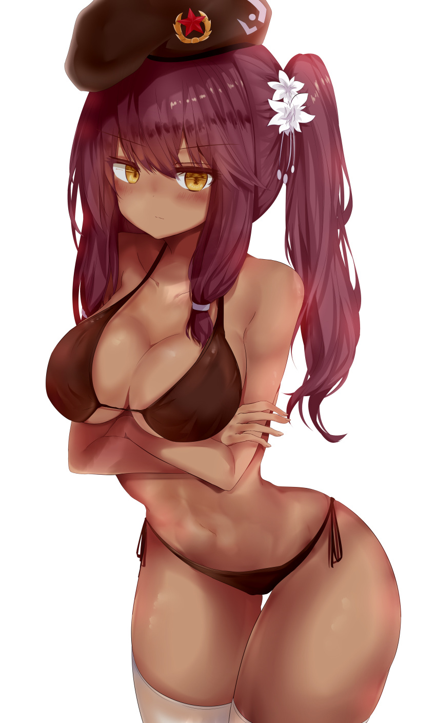1girl, absurdres, bare_arms, beret, bikini, bikini_bottom, bikini_top, blush, breasts, brown_bikini, brown_bikini_bottom, brown_bikini_top, cleavage, collarbone, crossed_arms, dark_skin, eyebrows_visible_through_hair, eyes_visible_through_hair, flower, girls_frontline, hair_flower, hair_ornament, hair_ribbon, hat, highres, large_breasts, leaning, legs_together, long_hair, looking_at_viewer, navel, purple_hair, ribbon, ru_zhai, saiga-12_(girls_frontline), side-tie_bikini, sidelocks, simple_background, solo, stomach, swimsuit, swimwear, thigh-highs, thighs, tress_ribbon, tsurime, twintails, white_background, white_legwear, yellow_eyes