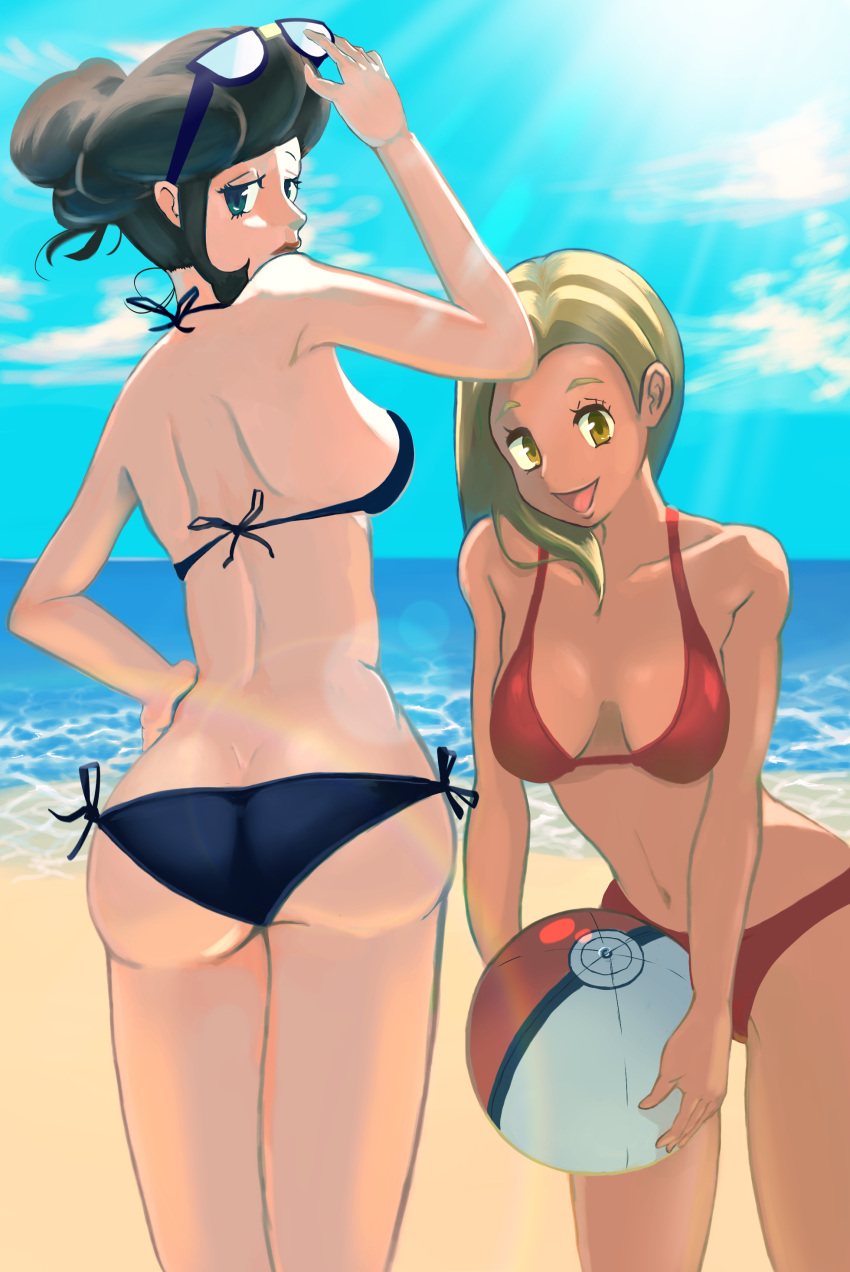 2girls, absurdres, aqua_eyes, ass, back, backlighting, ball, bare_shoulders