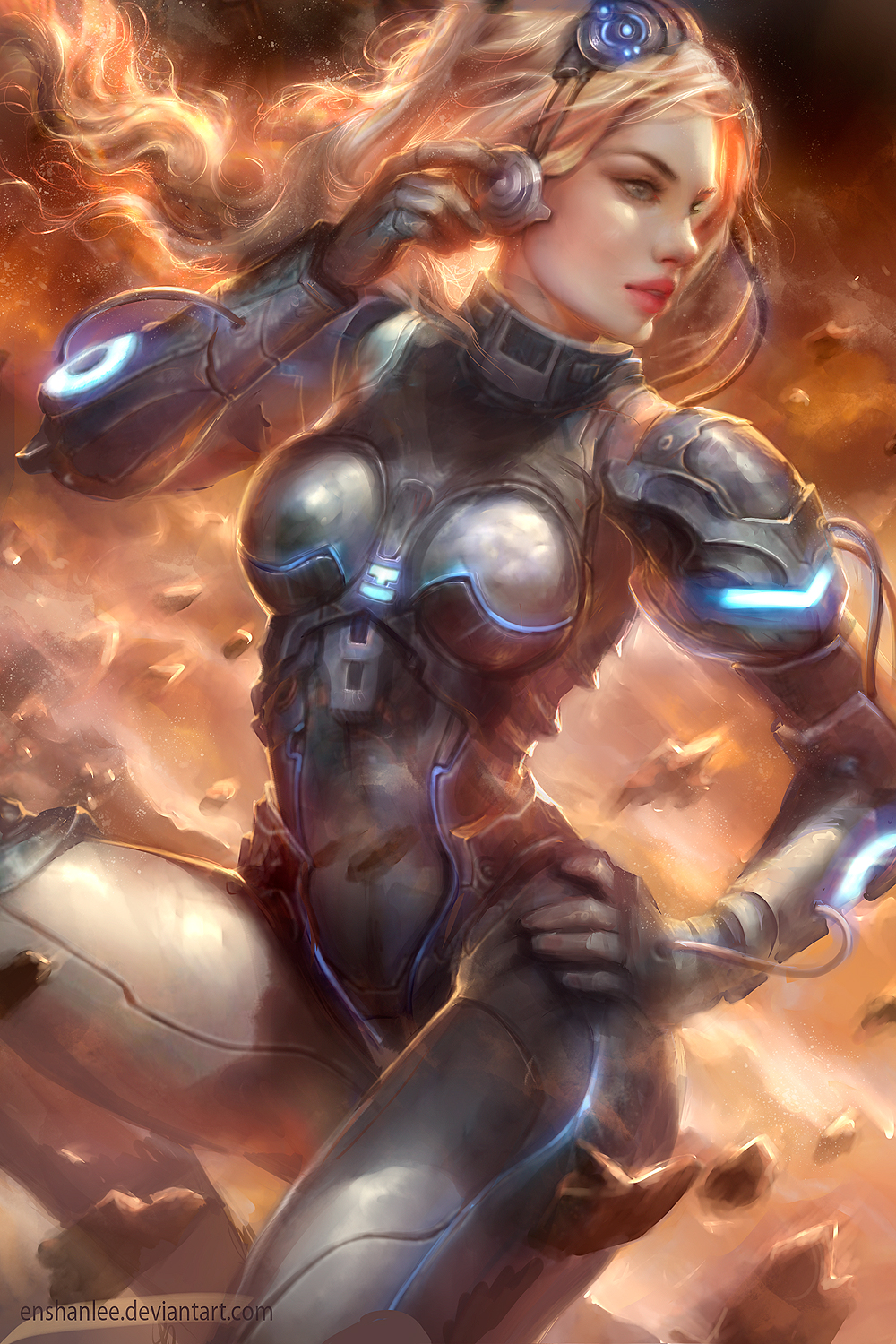 1girl, blonde_hair, bodysuit, boobplate, breastplate, breasts, enshanlee, eyewear_on_head
