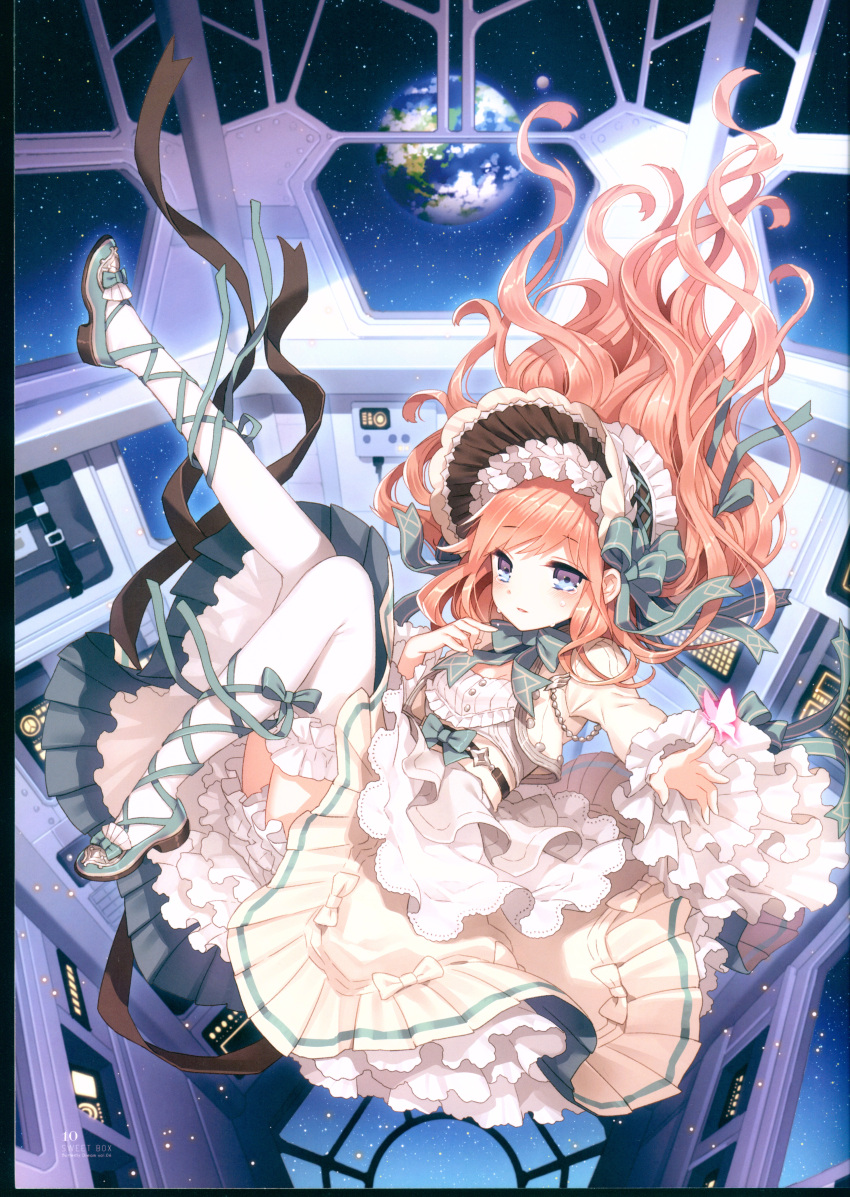1girl, absurdres, ankle_lace-up, bangs, beige_dress, black_ribbon, blue_eyes, blush