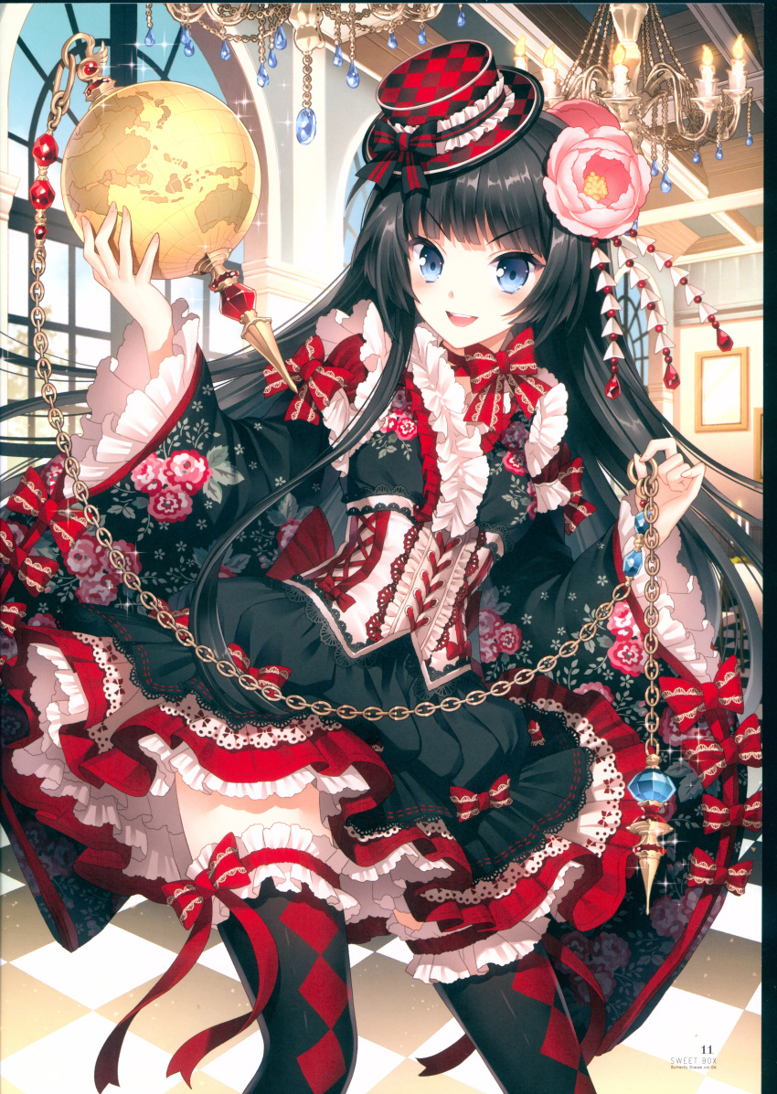 1girl, :d, absurdres, argyle, argyle_legwear, black_dress, black_hair, black_legwear