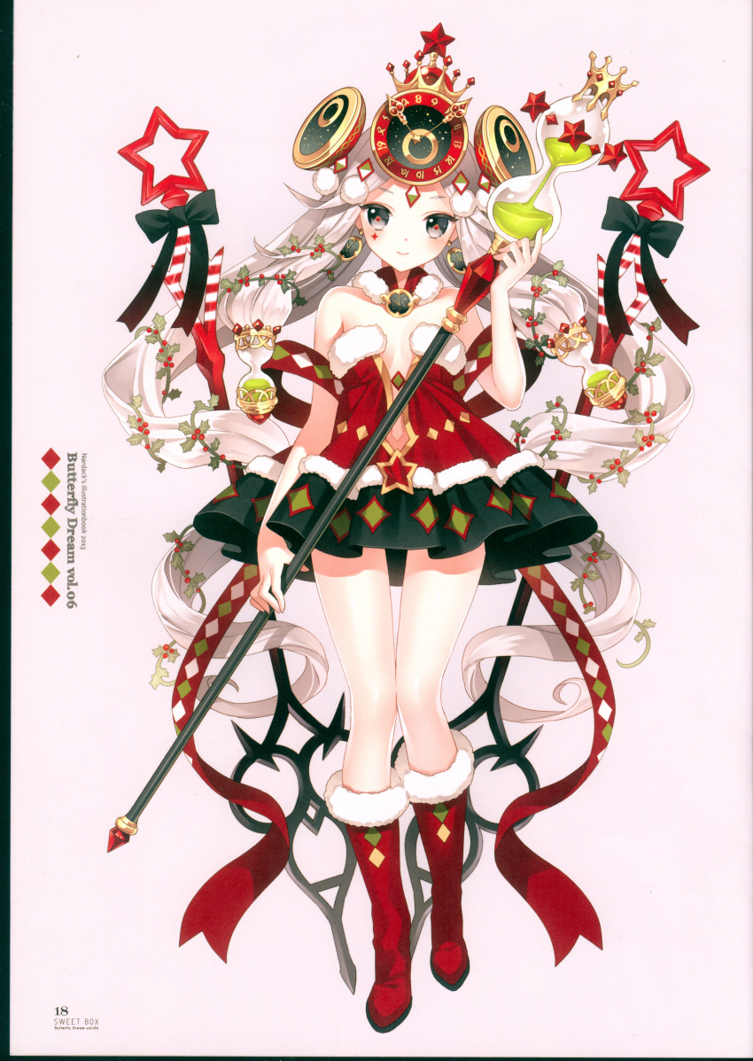 1girl, absurdres, bangs, bare_shoulders, black_bow, blush, boots, bow, breasts, clock, closed_mouth, detached_collar, dress, earrings, full_body, fur-trimmed_boots, fur-trimmed_dress, fur_trim, hair_ornament, head_tilt, highres, holding, holding_staff, hourglass, huge_filesize, jewelry, long_hair, looking_at_viewer, moriarty_(sid_story), nardack, original, parted_bangs, red_dress, red_footwear, scan, short_dress, sid_story, silver_hair, small_breasts, smile, solo, staff, standing, star, strapless, strapless_dress, twintails, very_long_hair