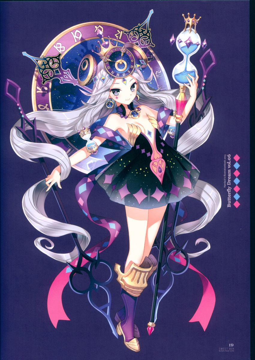 1girl, absurdres, armor, armored_boots, bangs, bare_shoulders, black_dress, blush, boots, breasts, clock, closed_mouth, detached_collar, dress, earrings, facial_mark, full_body, grey_eyes, highres, hourglass, huge_filesize, jewelry, long_hair, looking_at_viewer, moriarty_(sid_story), nardack, original, parted_bangs, purple_background, purple_footwear, scan, short_dress, sid_story, silver_hair, small_breasts, smile, solo, staff, strapless, strapless_dress, twintails, very_long_hair