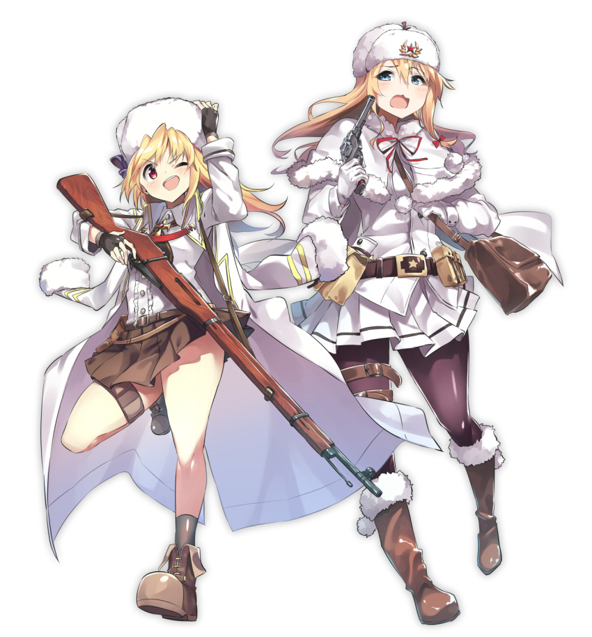 2girls, ammunition_pouch, bag, belt, black_gloves, black_legwear, blonde_hair, blue_eyes, blush, bolt_action, boots, bow, brown_bag, brown_footwear, brown_skirt, buckle, buttons, capelet, coat, collared_jacket, collared_shirt, cross-laced_footwear, electriccross, eyebrows_visible_through_hair, eyes_visible_through_hair, fingerless_gloves, floating_hair, full_body, fur-trimmed_boots, fur-trimmed_capelet, fur-trimmed_coat, fur_hat, fur_trim, girls_frontline, gloves, gun, hair_bow, hair_ornament, hair_ribbon, hat, highres, holding, holding_bag, holding_hat, holding_weapon, iron_cross, jacket, jewelry, knee_boots, lace-up_boots, long_hair, long_sleeves, mid-stride, military, military_jacket, military_uniform, mosin-nagant, mosin-nagant_(girls_frontline), multiple_girls, nagant_m1895, nagant_revolver_(girls_frontline), necklace, one_eye_closed, one_leg_raised, open_clothes, open_coat, open_mouth, pantyhose, pleated_skirt, red_bow, red_eyes, red_ribbon, ribbon, rifle, shawl, shirt, simple_background, skirt, sleeve_cuffs, sleeves_rolled_up, smile, strap, tareme, thigh-highs, thigh_strap, thighs, trigger_discipline, uniform, ushanka, weapon, white_background, white_gloves, white_jacket, white_shirt, white_skirt, wind, wind_lift