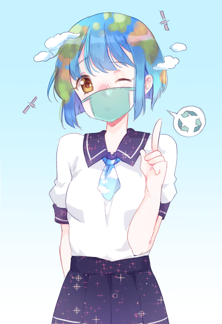 1girl, arm_behind_back, bangs, black_sailor_collar, black_skirt, blouse, blue_background, blue_hair