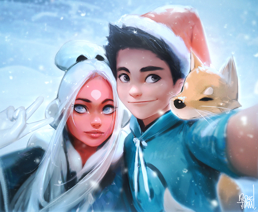 1boy, 1girl, 2017, animal, artist_self-insert, black_hair, blue_eyes, commentary
