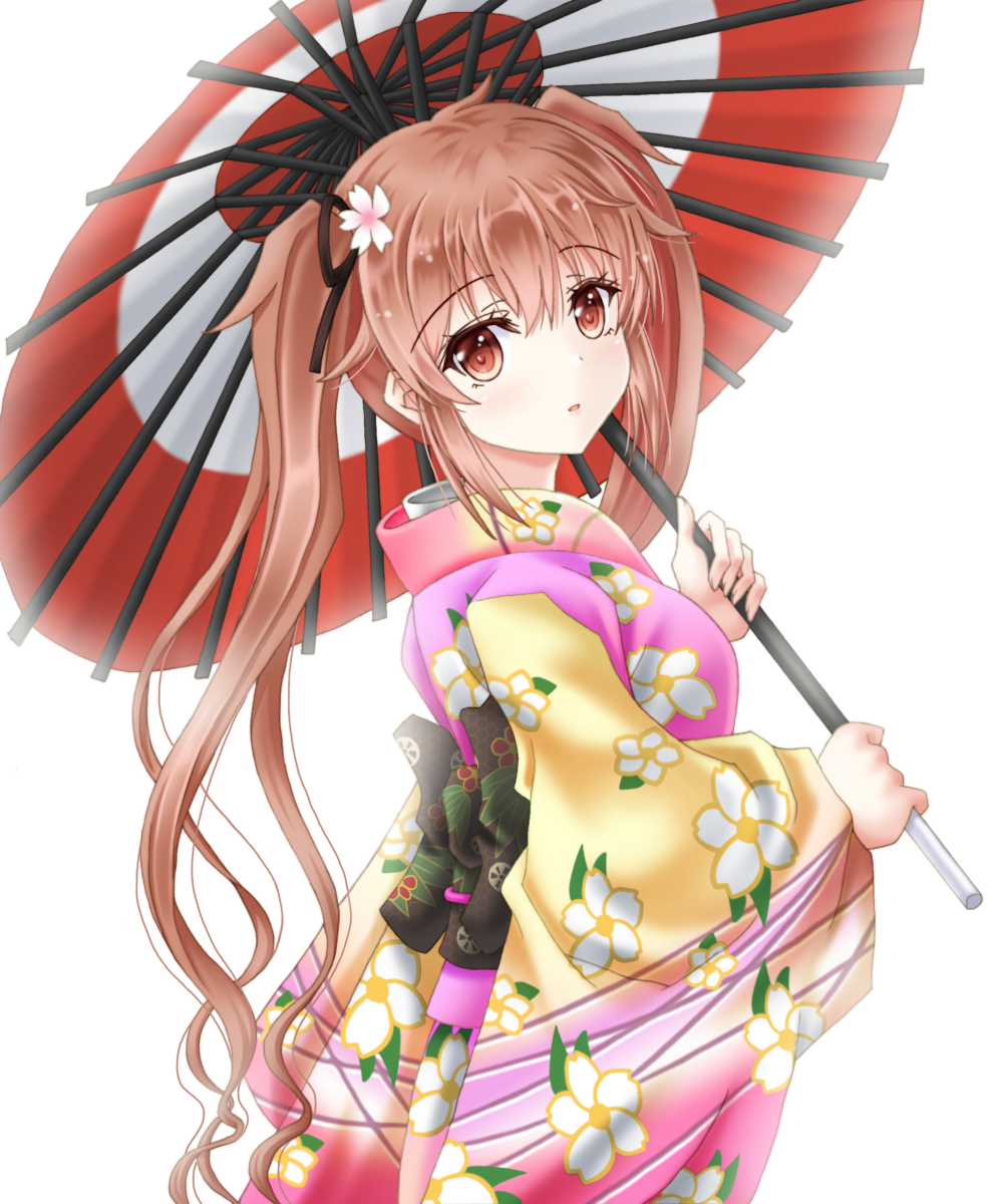 1girl, alternate_costume, amou_yuu, brown_eyes, floral_print, flower, graphite_(medium), hair_flower