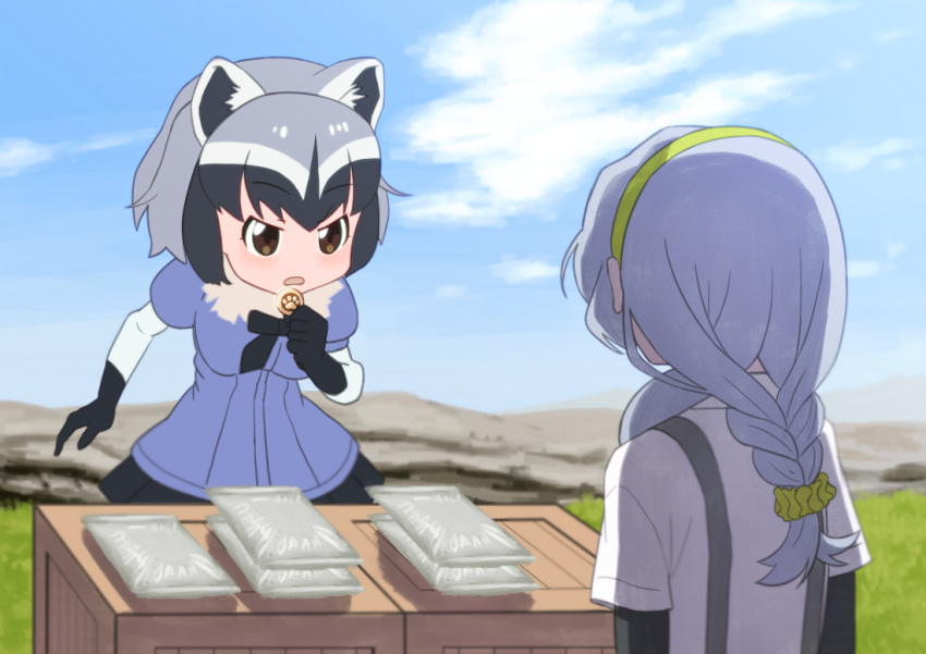 2girls, animal_ears, arm_warmers, bag, blue_sky, bow, bowtie, box