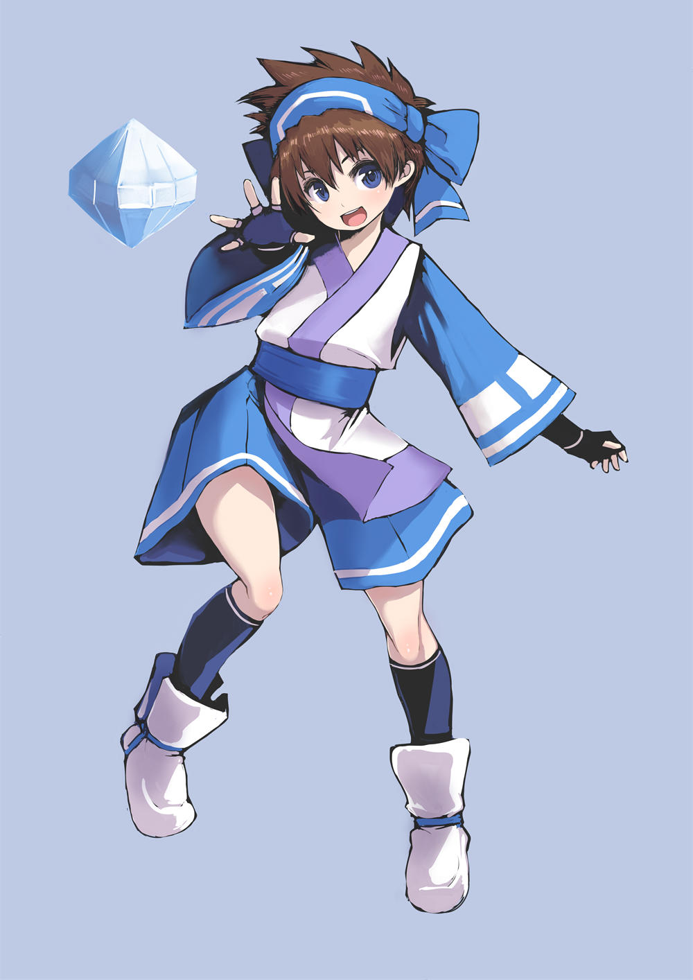 1girl, ainu_clothes, ankle_boots, blue_eyes, boots, brown_hair, chocolate_hair, fingerless_gloves