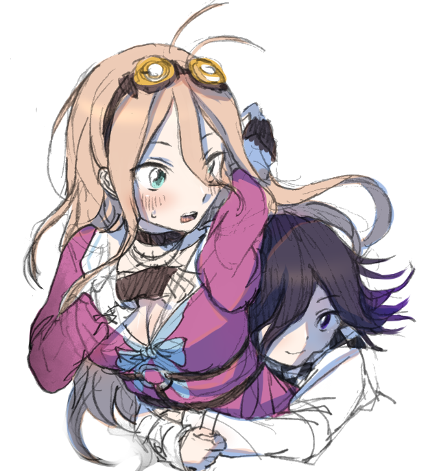 1boy, 1girl, blonde_hair, blush, checkered, checkered_scarf, cross_neko, dangan_ronpa, goggles, hug, hug_from_behind, iruma_miu, new_dangan_ronpa_v3, ouma_kokichi, purple_hair, ribbon, scarf, school_uniform, serafuku, simple_background, sketch, smile