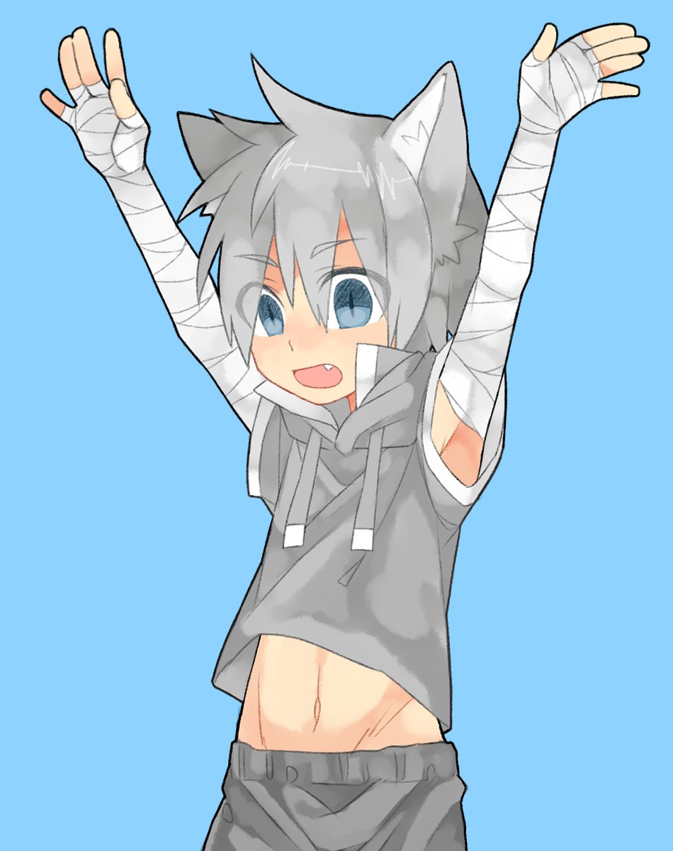 1boy, animal_ears, bandage, bandaged_arm, blue_eyes, child, fang, grey_hoodie, grey_shorts, highres, male_focus, midriff_peek, open_mouth, original, shorts, silver_hair, slit_pupils, smile, solo, toyama, wolf_ears