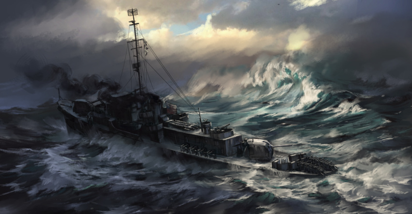 abe_yasushi_(umizoi_tibet), american_flag, cannon, clouds, flag, military, military_vehicle, no_humans, ocean, outdoors, real_life, ship, sky, smokestack, turret, uss_samuel_b_roberts_(de-413), warship, watercraft, waves
