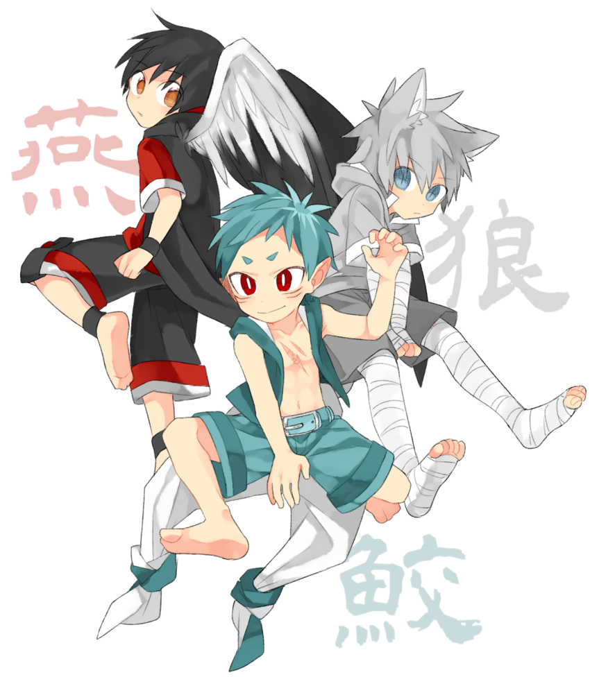 3boys, angel_wings, animal_ears, bandage, bandaged_arm, bandaged_leg, barefoot, belt_buckle