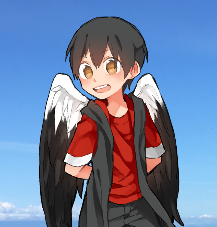 1boy, angel_wings, black_hair, child, male_focus, original, red_shirt, shirt