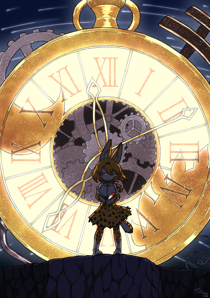 1girl, analog_clock, animal_ears, artist_name, blonde_hair, bow, bowtie, cliff