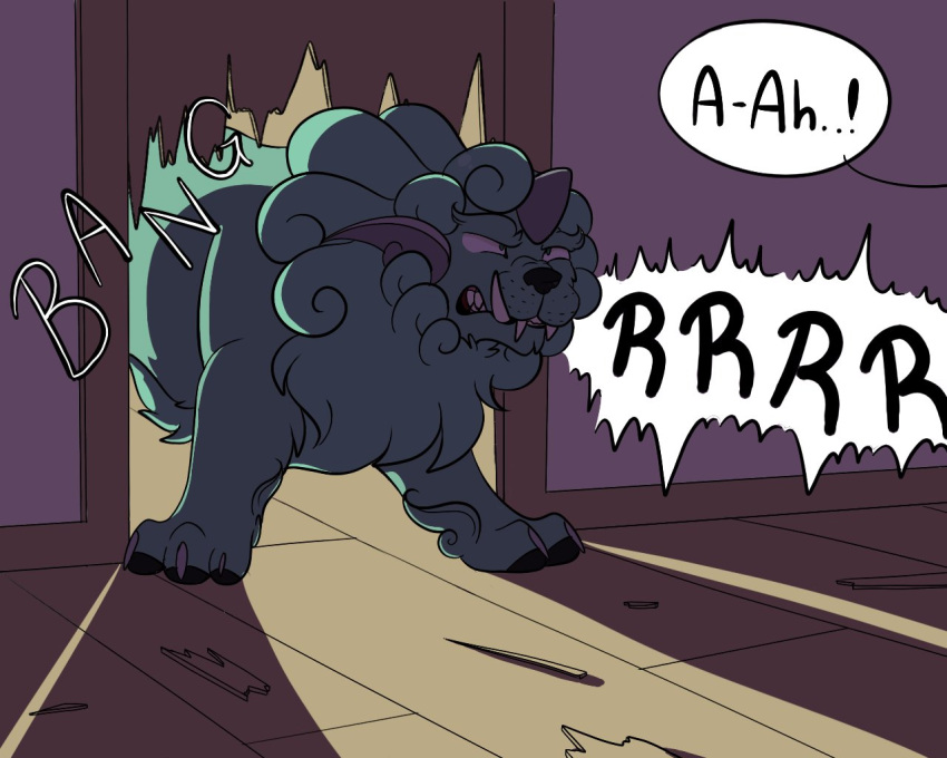 broken_door, curly_hair, english, growling, komano_aun, komano_aun_(komainu), robin_(unlimited_world), solo
