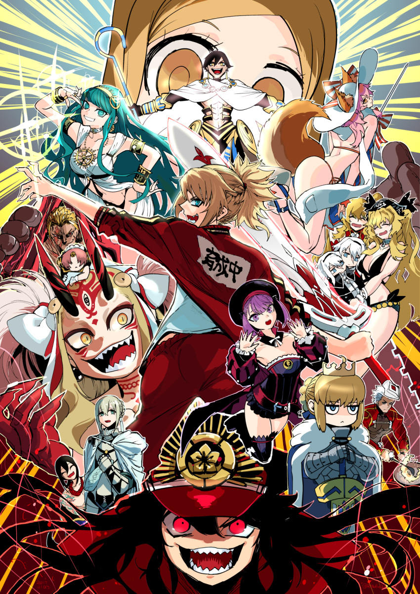 5boys, 6+girls, :d, ^_^, ^o^, abs, animal_ears, anne_bonny_(fate/grand_order)
