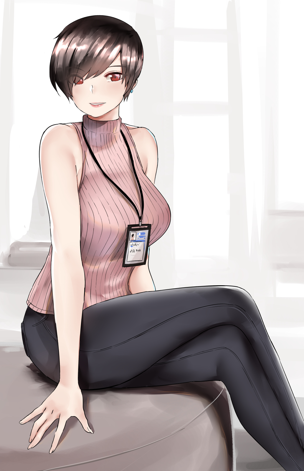 1girl, arms_at_sides, bare_arms, bare_shoulders, black_pants, breasts, brown_hair, cushion