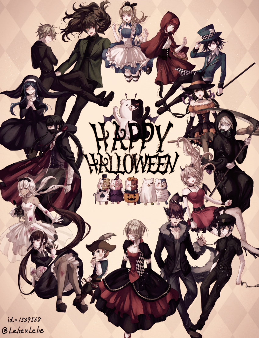 6+boys, 6+girls, akamatsu_kaede, alice_(wonderland), alice_(wonderland)_(cosplay), alternate_costume, amami_rantarou, animal_ears, black_hair, blonde_hair, blood, blue_eyes, butler, chabashira_tenko, cosplay, dangan_ronpa, english, everyone, frankenstein's_monster, frankenstein's_monster_(cosplay), gokuhara_gonta, green_eyes, green_hair, halloween_costume, happy_halloween, harukawa_maki, hat, highres, holding, holding_weapon, hoshi_ryouma, iruma_miu, keebo, little_red_riding_hood, little_red_riding_hood_(cosplay), looking_at_viewer, mad_hatter, mad_hatter_(cosplay), momota_kaito, monodam, monofunny, monokid, monokuma, monosuke, monotarou_(dangan_ronpa), multiple_boys, multiple_girls, new_dangan_ronpa_v3, nun, ouma_kokichi, pink_eyes, pirate_costume, police, police_uniform, queen_of_hearts, queen_of_hearts_(cosplay), red_eyes, redhead, saihara_shuuichi, scythe, shinguuji_korekiyo, shirogane_tsumugi, smile, toujou_kirumi, uniform, vampire_costume, violet_eyes, weapon, white_hair, witch, yellow_eyes, yonaga_angie, yumeno_himiko, z-epto_(chat-noir86), zombie
