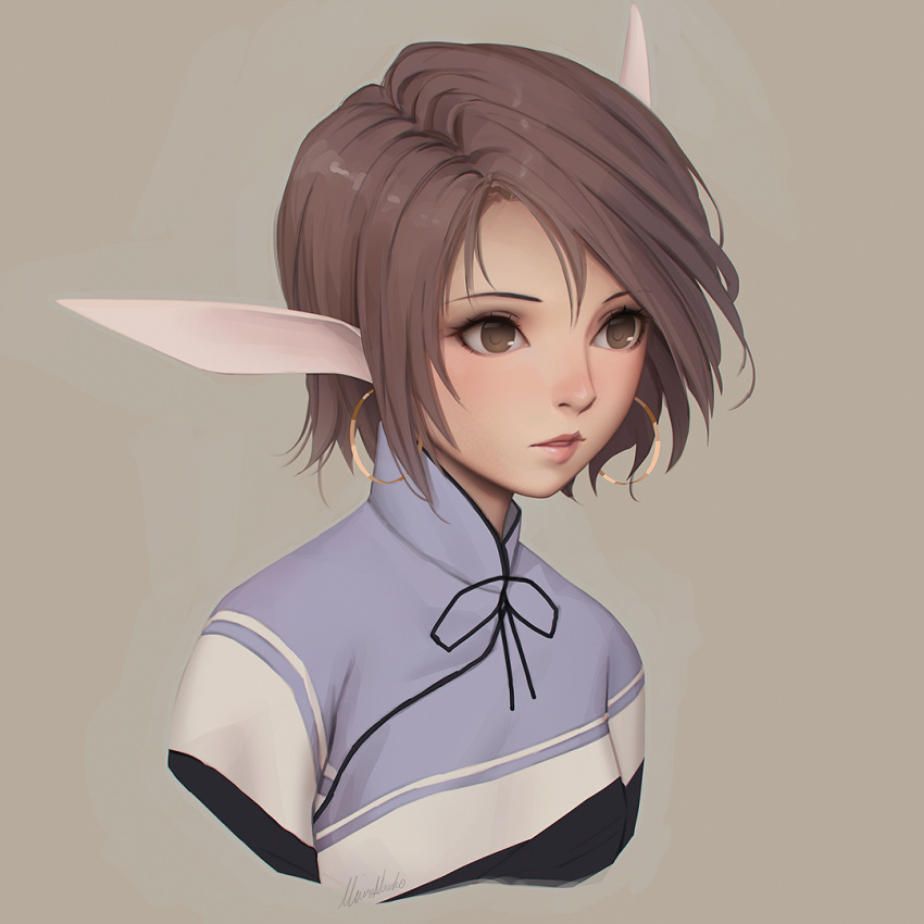 1girl, animal_ears, black_ribbon, blush, brown_background, brown_eyes, brown_hair, face