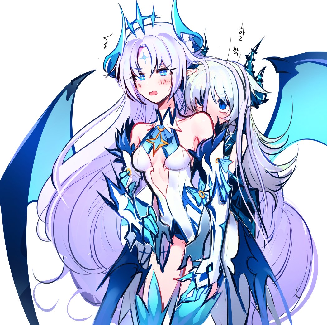 2girls, blue_eyes, blush_stickers, claws, demon_girl, demon_wings, diabla_(elsword), elsword, facial_mark, horns, hug, hug_from_behind, ishtar_(elsword), korean, long_hair, luciela_r._sourcream, mellchi, multiple_girls, multiple_persona, pointy_ears, skirt, surprised, white_background, white_hair, wings