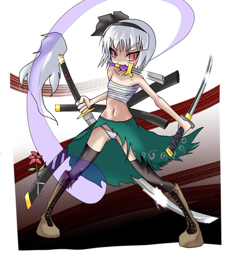 bandage, bandages, crazy_eyes, dateya_torahachi, dual_wield, dual_wielding, ghost, hairband