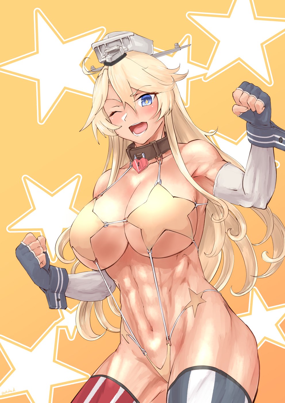 1girl, abs, ahoge, american_flag_legwear, arms_up, bikini, blonde_hair, blue_eyes, blush, breasts, choker, commentary_request, cowboy_shot, detached_sleeves, eyebrows_visible_through_hair, fingerless_gloves, gloves, gradient, gradient_background, heart_lock_(kantai_collection), highres, iowa_(kantai_collection), kantai_collection, large_breasts, long_hair, looking_at_viewer, mrdotd, muscle, muscular_female, one_eye_closed, open_mouth, pose, solo, star, star-shaped_pupils, starry_background, string_bikini, swimsuit, symbol-shaped_pupils, thick_thighs, thigh-highs, thighs