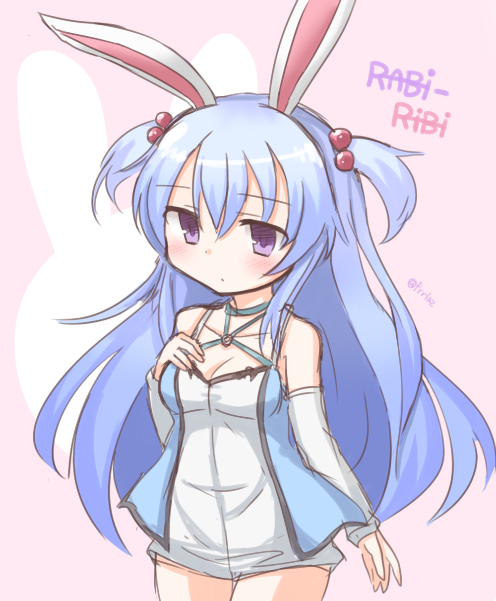 1girl, animal_ears, bare_shoulders, blue_hair, blush, bow, closed_mouth, commentary