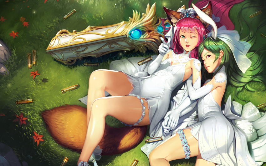2girls, animal_ears, arm_up, brown_eyes, bunny_tail, dog_ears, dog_tail, dress