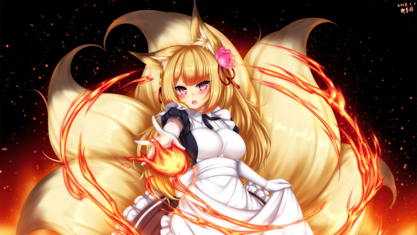 1girl, :o, alternate_costume, animal_ears, artist_name, blonde_hair, blush, breasts