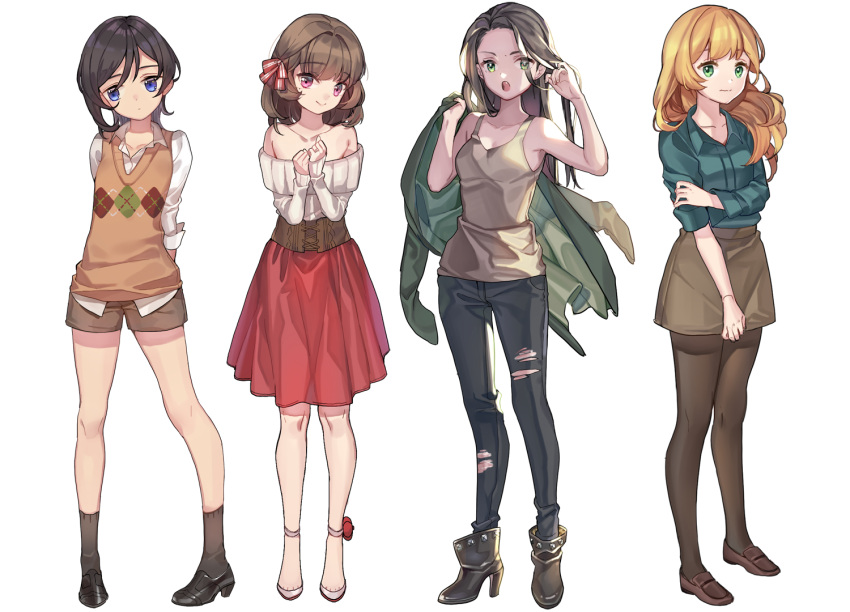 4girls, adcd, ankle_flower, ankle_socks, argyle_sweater_vest, bangs, bare_shoulders, black_legwear