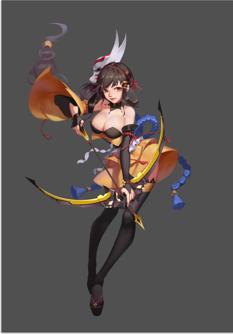 1girl, arrow, bangs, bare_shoulders, black_gloves, black_hair, black_legwear, bow_(weapon)