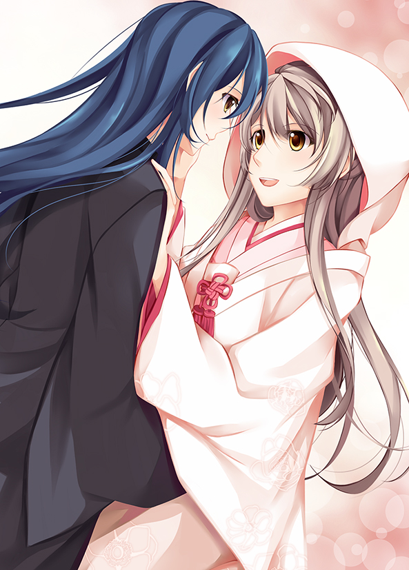 2girls, bangs, blue_hair, bride, commentary_request, dress, grey_hair, hand_on_another's_face