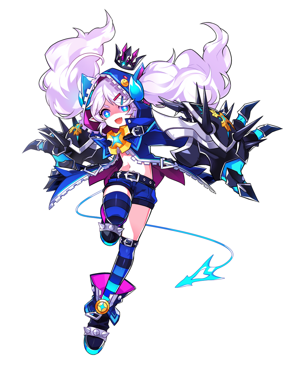 1girl, :d, black_footwear, blue_eyes, blue_jacket, blue_legwear, blue_shorts, chiliarch_(elsword)