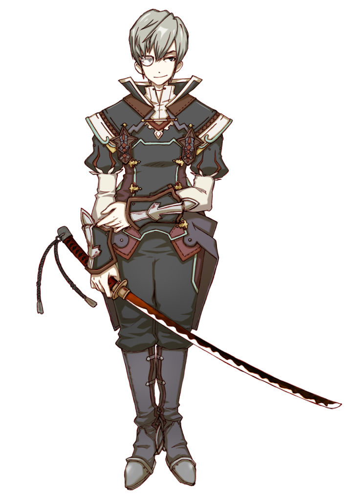 fugue, grey_hair, male, monocle, official_art, sword, trusty_bell, weapon