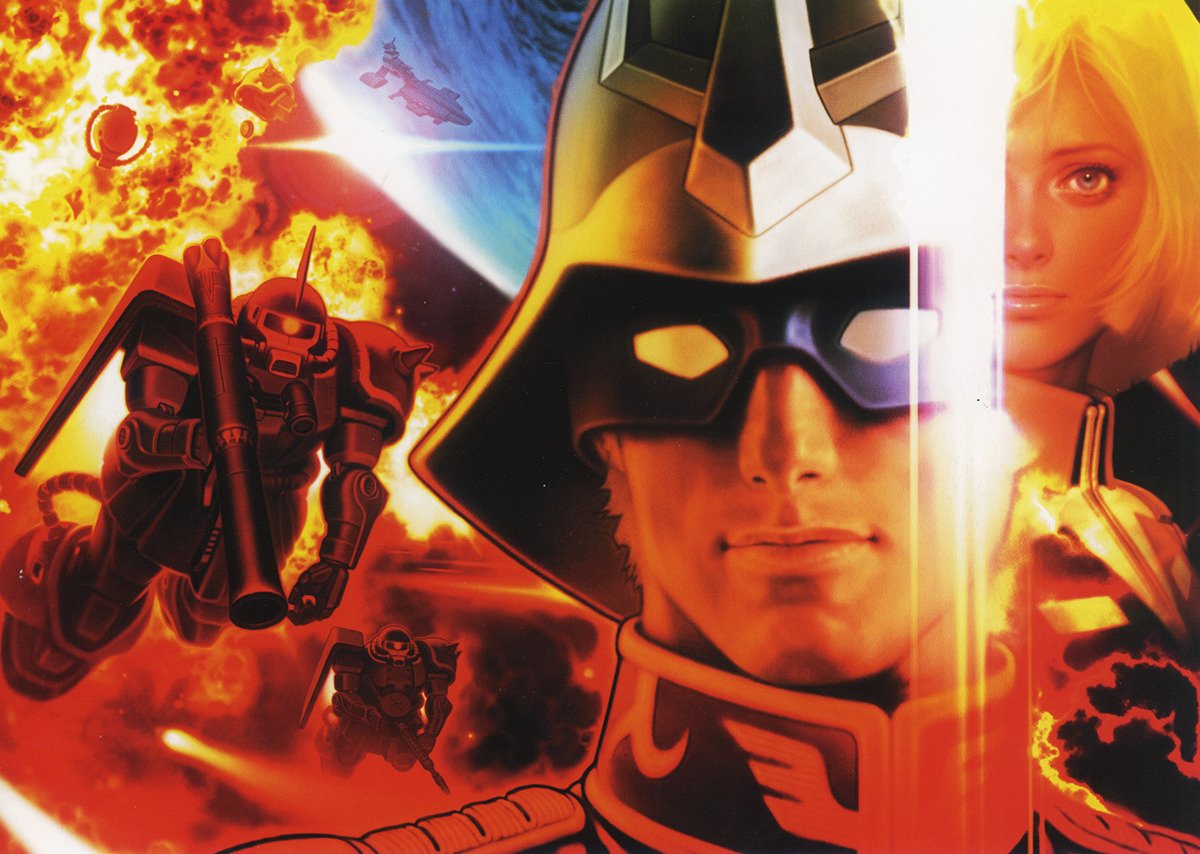 1boy, 1girl, char_aznable, gundam, mecha, mobile_suit_gundam, mori_toshiaki, sayla_mass, zaku_ii_s_char_custom