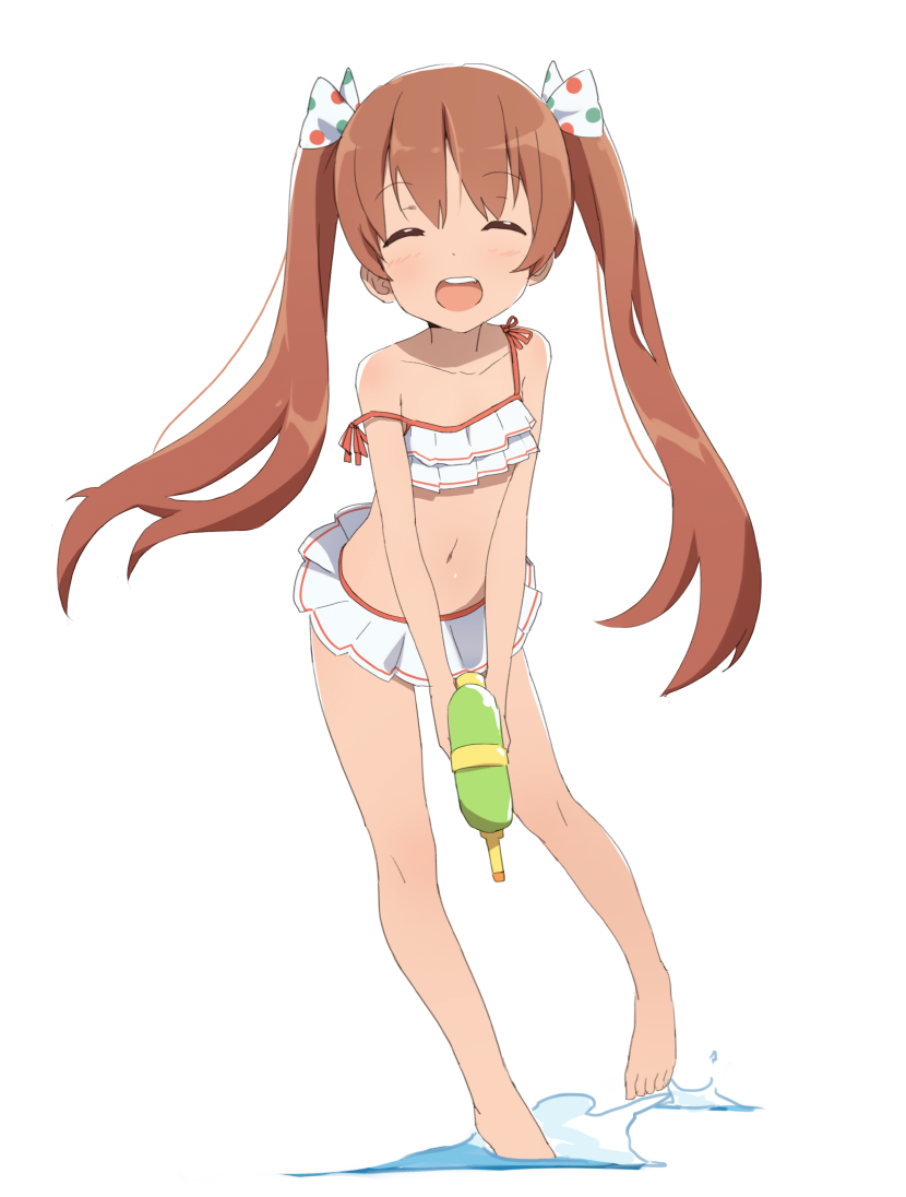 1girl, :d, bikini, bikini_skirt, bow, brown_hair, closed_eyes, coupon_(skyth)