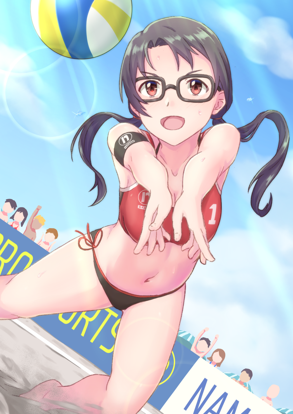 3girls, 6+boys, armband, beach_volleyball, bikini, black_hair, blue_sky, clouds