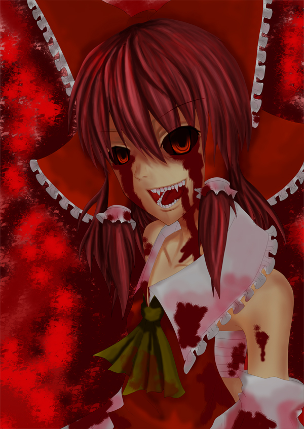blood, crazy_eyes, detached_sleeves, fangs, hakurei_reimu, japanese_clothes, miko, red_eyes