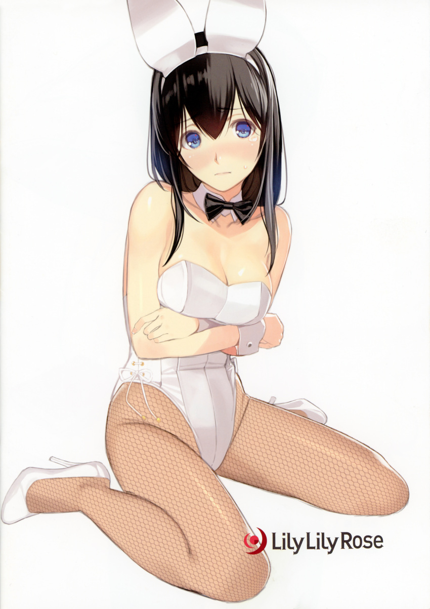 1girl, absurdres, animal_ears, bare_shoulders, black_hair, black_neckwear, blue_eyes, blush