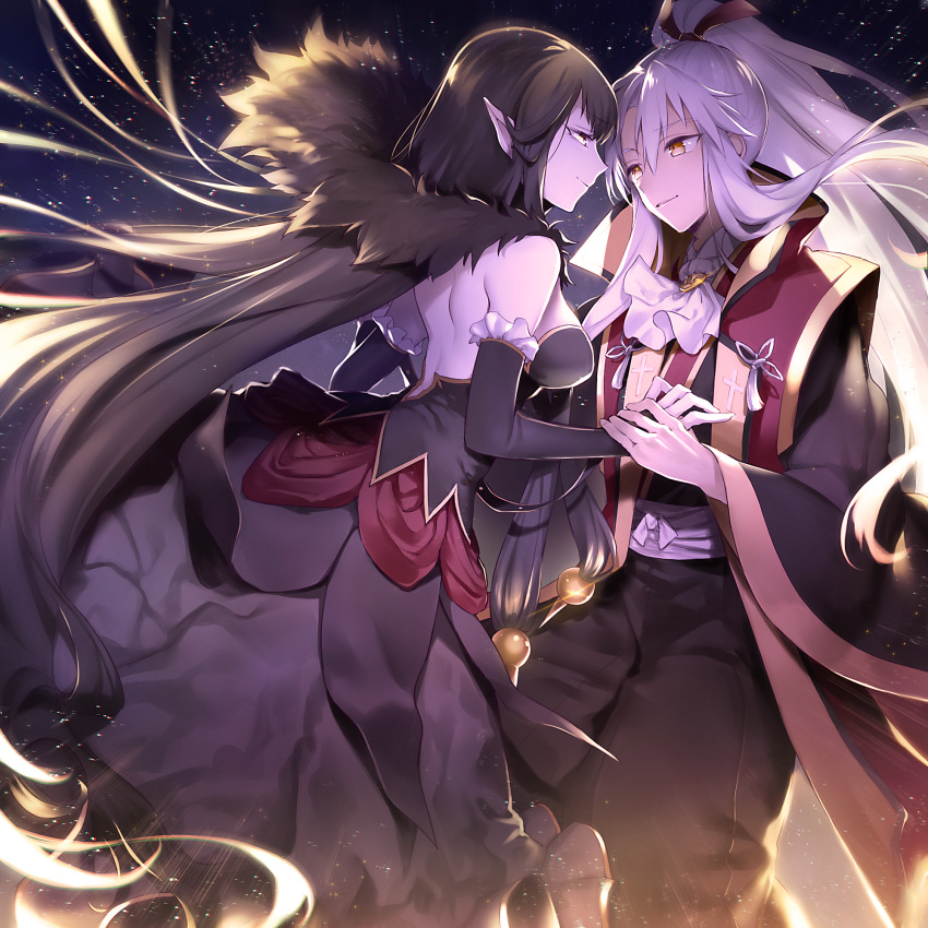 1boy, 1girl, absurdly_long_hair, amakusa_shirou_(fate), bare_shoulders, black_dress, black_gloves, black_hair