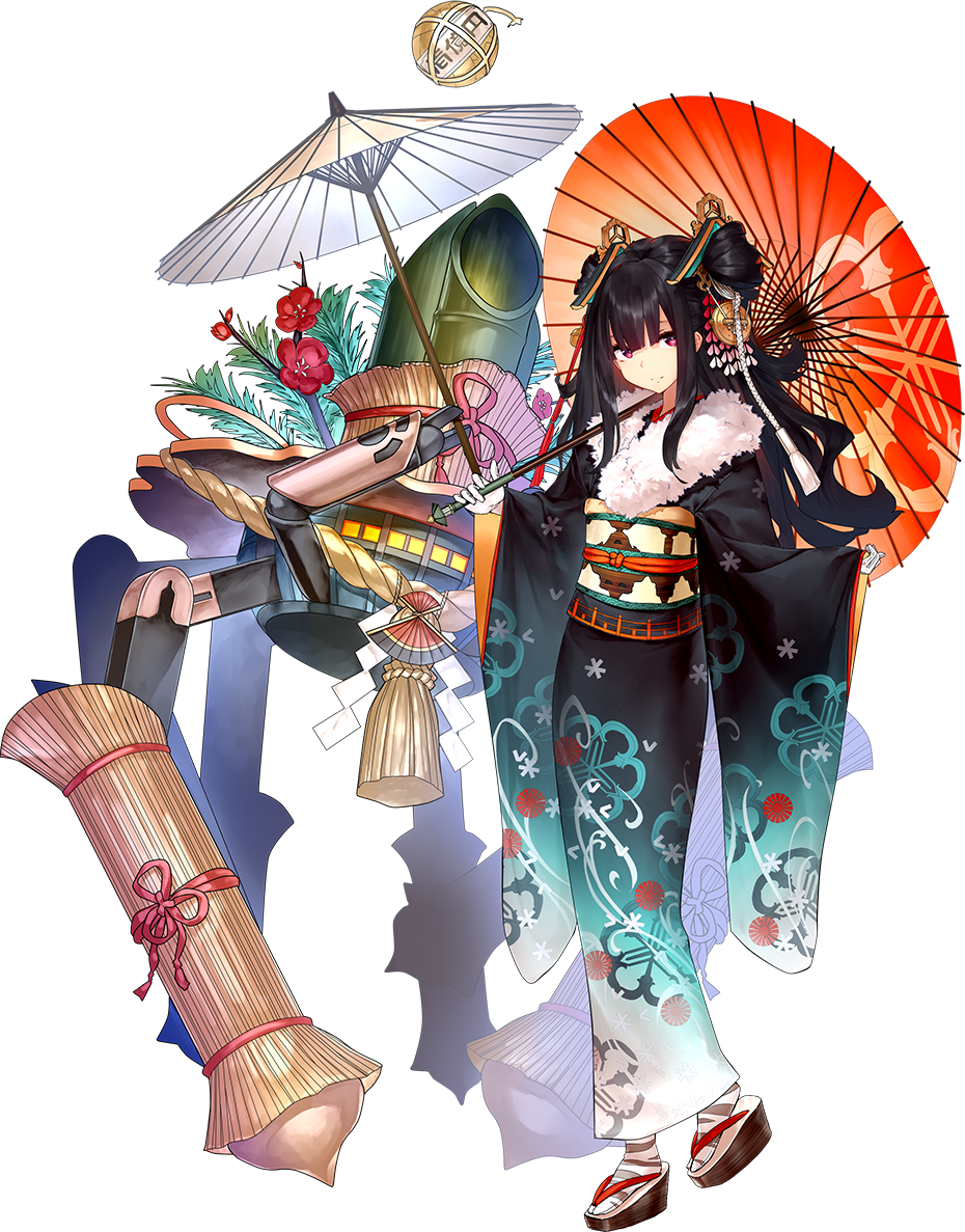 1girl, alternate_costume, black_hair, bomb, cannon, full_body, garuku, hair_between_eyes, hair_ornament, holding, holding_umbrella, japanese_clothes, kimono, long_hair, looking_at_viewer, official_art, oriental_umbrella, oshiro_project, oshiro_project_re, rope, sandals, shigisan_(oshiro_project), shimenawa, sidelocks, smile, solo, transparent_background, umbrella, violet_eyes, wide_sleeves