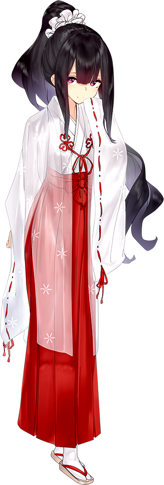 1girl, alternate_costume, black_hair, chihaya_(clothing), full_body, garuku, hair_between_eyes, hair_ornament