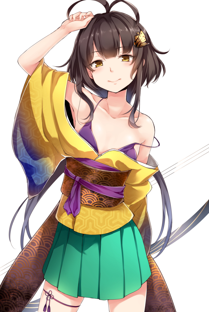 1girl, antenna_hair, armpits, bare_shoulders, bra, brown_hair, collarbone, cowboy_shot, dabadhi, edoshiyakata_(oshiro_project), eyebrows_visible_through_hair, green_skirt, hair_ornament, hairclip, hakama_skirt, hand_on_head, highres, japanese_clothes, kimono, long_hair, low-tied_long_hair, oshiro_project, oshiro_project_re, pleated_skirt, purple_bra, skirt, solo, underwear, white_background, yellow_eyes