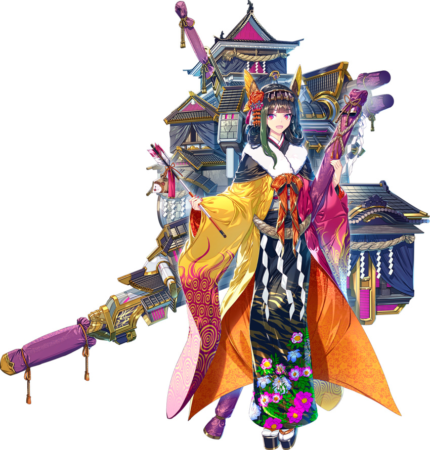 1girl, :d, alternate_costume, architecture, bangs, black_hair, blunt_bangs, castle