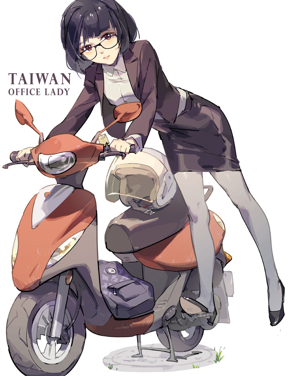 1girl, backpack, bag, black-framed_eyewear, black_footwear, black_hair, black_jacket, black_skirt