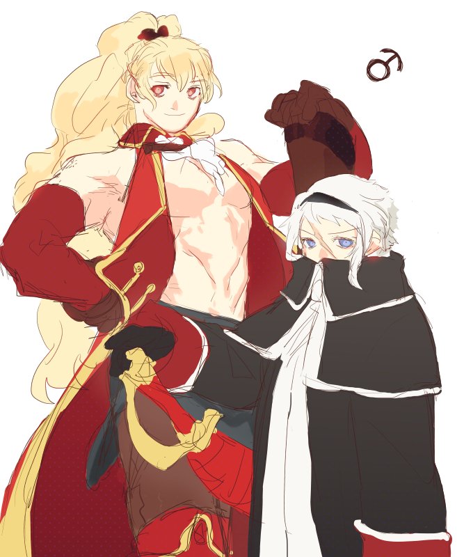 2boys, anne_bonny_(fate/grand_order), blonde_hair, blue_eyes, cutlass_(sword), fate/grand_order, fate_(series), genderswap, genderswap_(ftm), hand_on_hip, height_difference, long_hair, looking_at_viewer, male_focus, mars_symbol, mary_read_(fate/grand_order), multiple_boys, omochi_shogun, pectorals, pirate, ponytail, red_eyes, silver_hair, sketch, smile